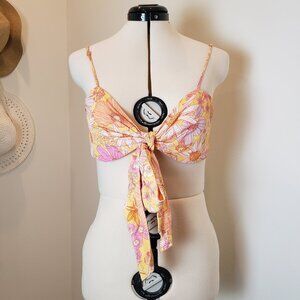 H&M Linen Blend Tie Front Bralette Light Yellow Floral Lined Size Medium